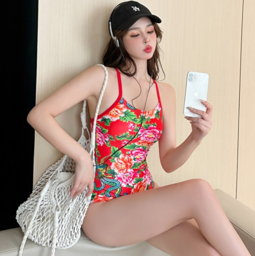 2024 New Northeast Large Flower Swimsuit Women's One-piece Triangle Slim Fit Split Sexy High Waist Bikini