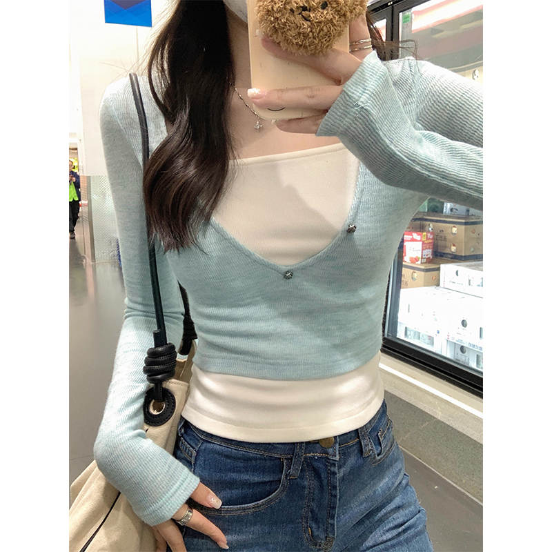 實拍假兩件t恤女拼接撞色打底衫春秋甜辣妹露鎖骨短款bm上衣