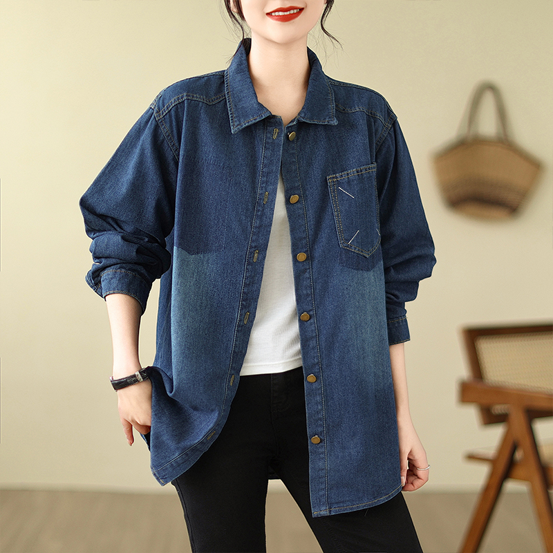 2024實拍春裝大碼女裝寬鬆大版復古撞色牛仔襯衣外套S-5XL200斤