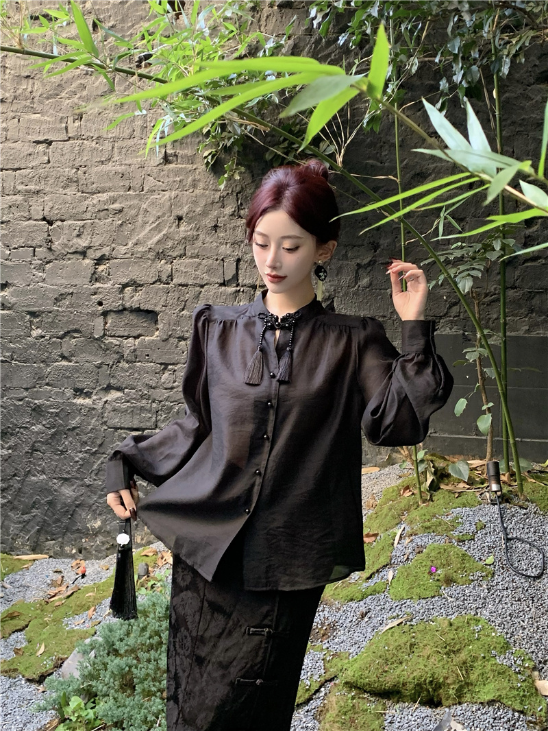實拍~2024春季新款新中式國風襯衫復古流蘇盤扣襯衣上衣女