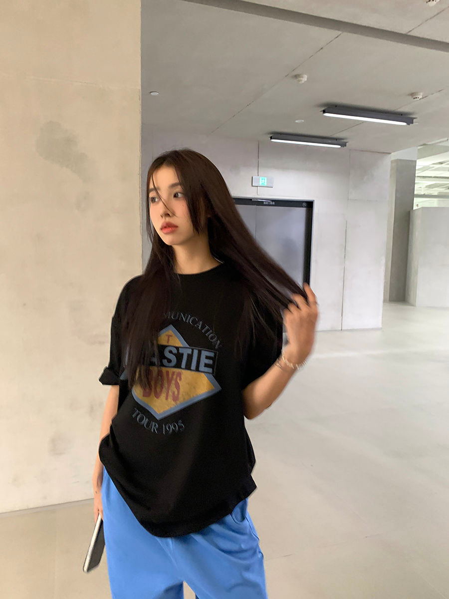 復古印花T恤女夏新款圓領套頭短袖上衣
