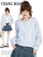 Blue Knitted Cardigan for Women Autumn and Winter Petite Size Sweater Outerwear Short-Sleeve Top 2024 New Spring Clothing Spring and Autumn
