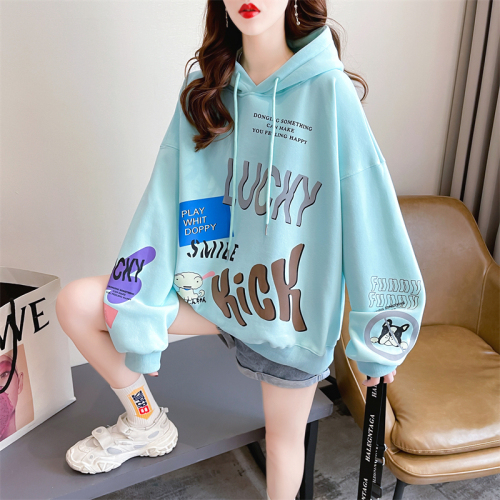 Real shot 2024 spring new Korean style hooded letter printed loose mid-length large size thin sweatshirt for women