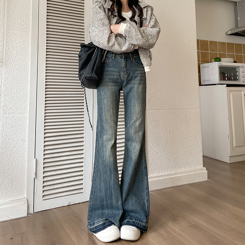 復古微喇牛仔褲女春秋2024年新款小個子寬鬆不貼腿高腰喇叭馬蹄褲