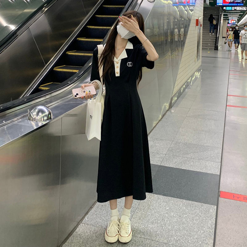 夏季新款純欲學院風收腰顯瘦POLO領短袖設計感黑色長裙A字裙子女