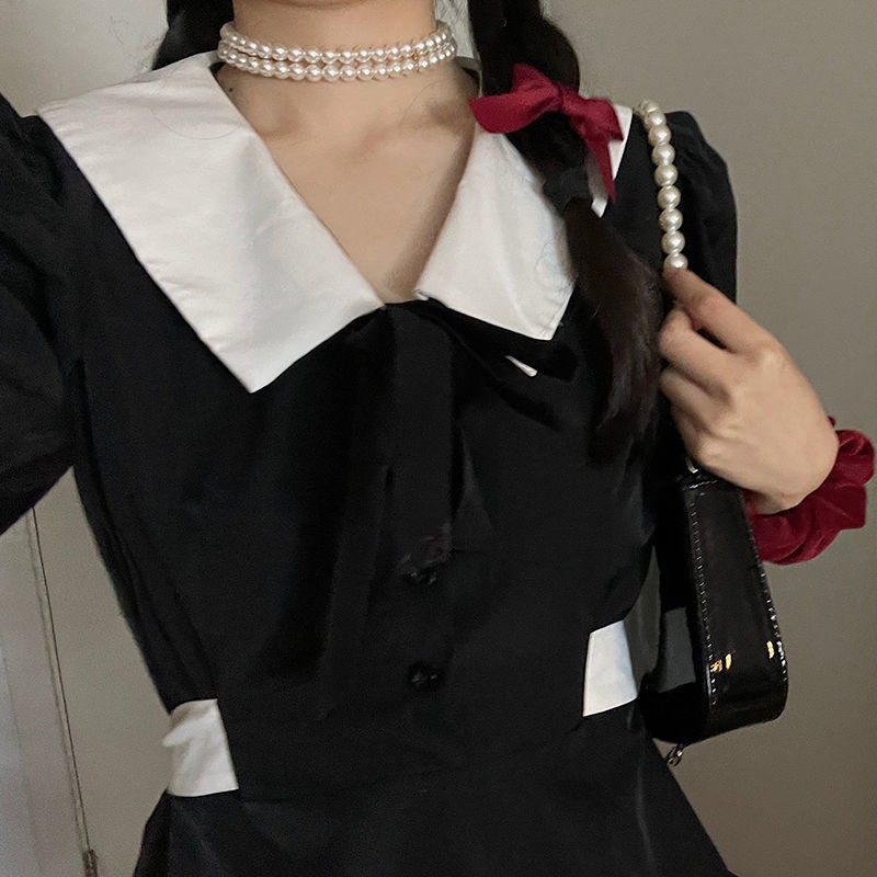夏季黑色短袖連衣裙女小個子初戀收腰顯瘦設計感法式復古桔梗小眾