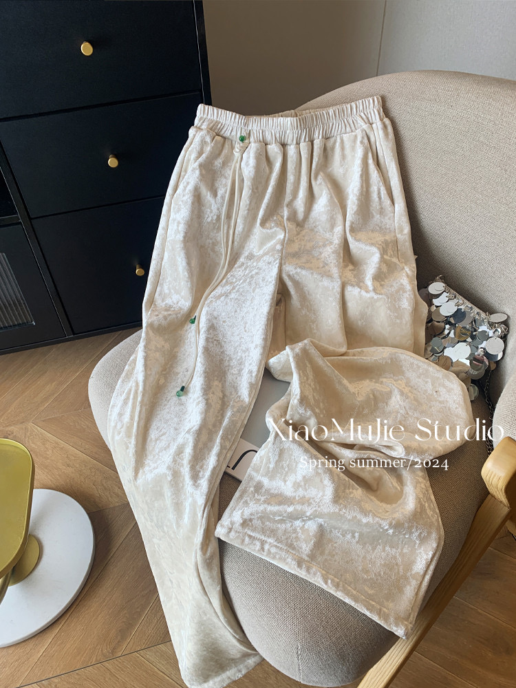 新中式國風緞面提花鬆緊腰休閒褲女春季高腰垂感直筒闊腿褲