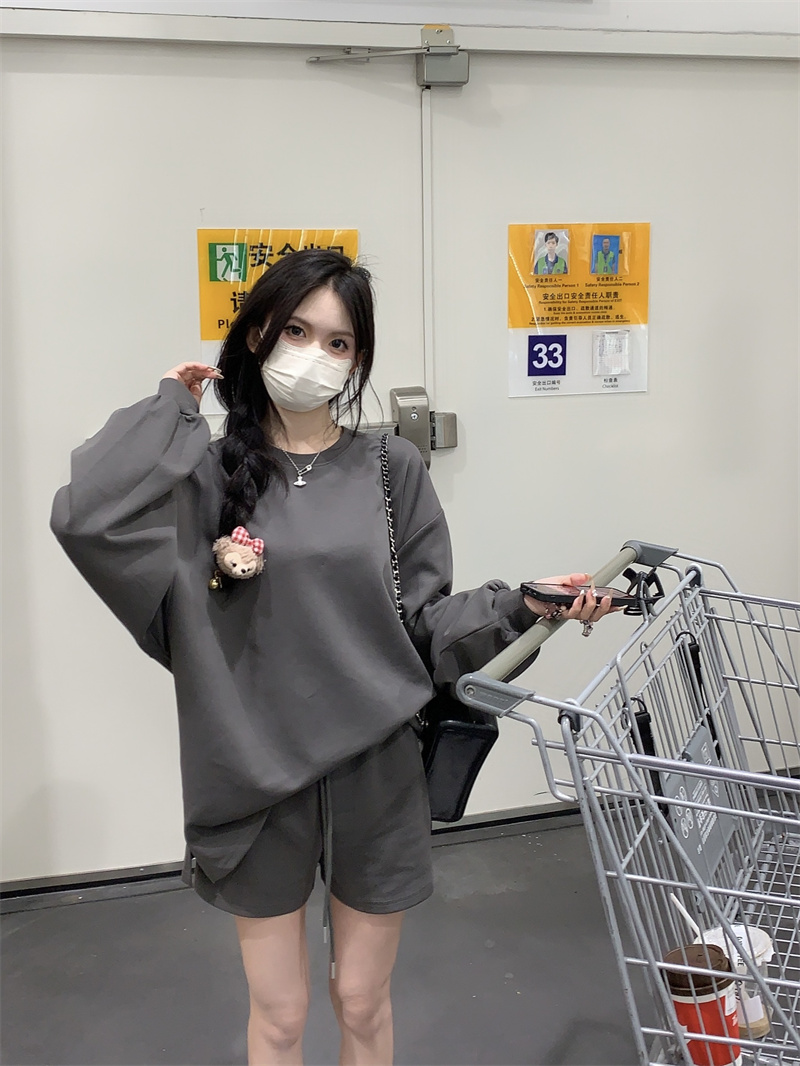 實拍~純色顯瘦減齡衛衣休閒短褲套裝兩件套
