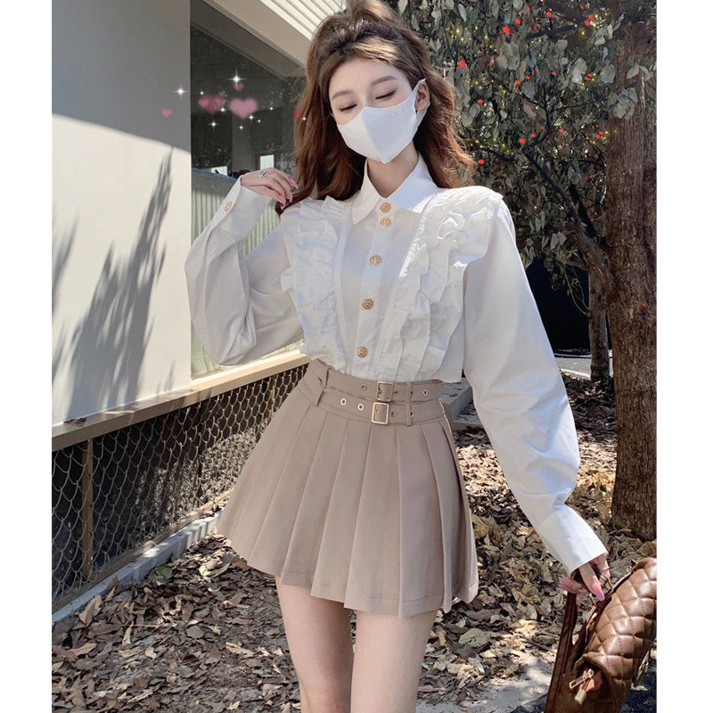設計感法式別致內搭顯瘦長袖襯衫女小個子荷葉邊春秋新款小眾襯衣