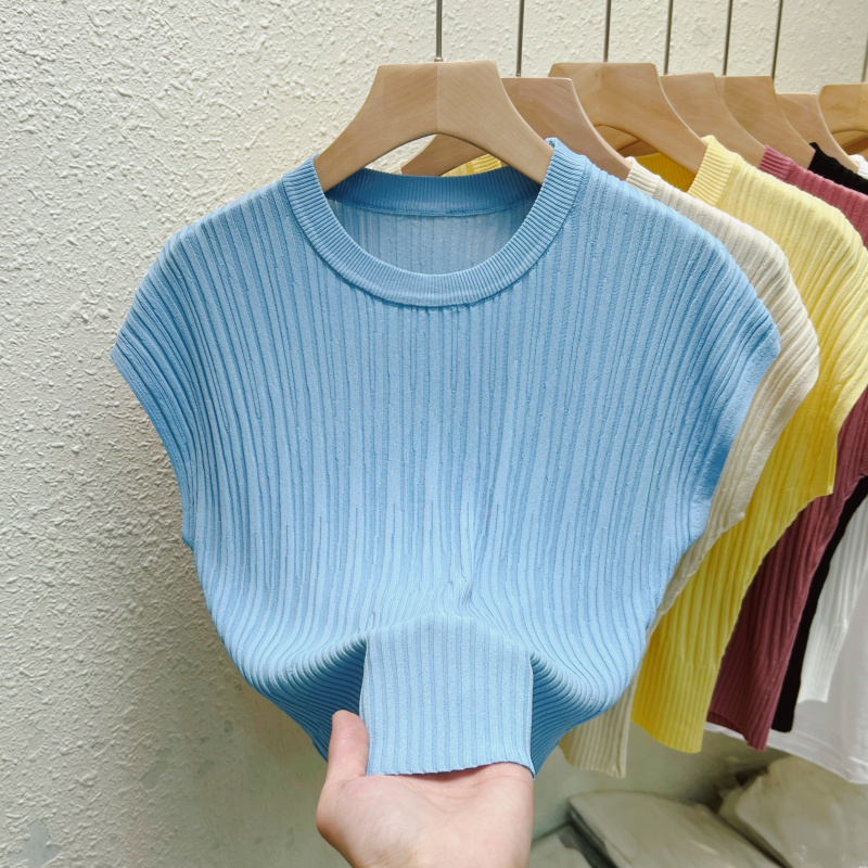 Real shot of ice silk short-sleeved sweater for women in summer 2024 new high-end and super good-looking sleeveless loose top for women trendy