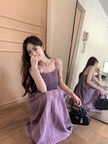 实拍 棉麻扎染紫色吊带裙女2024春夏新款法式收腰内搭长裙