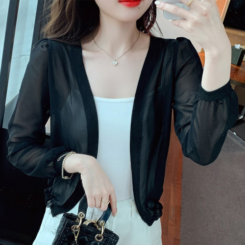 Has shipped small shawl coat women's 2024 spring and summer new style waistcoat all-match chiffon sun protection thin short outer cardigan