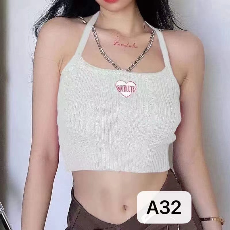 Amyway辣妹復古刺繡鏈條掛脖針織小背心夏日百搭純色修身露臍上衣