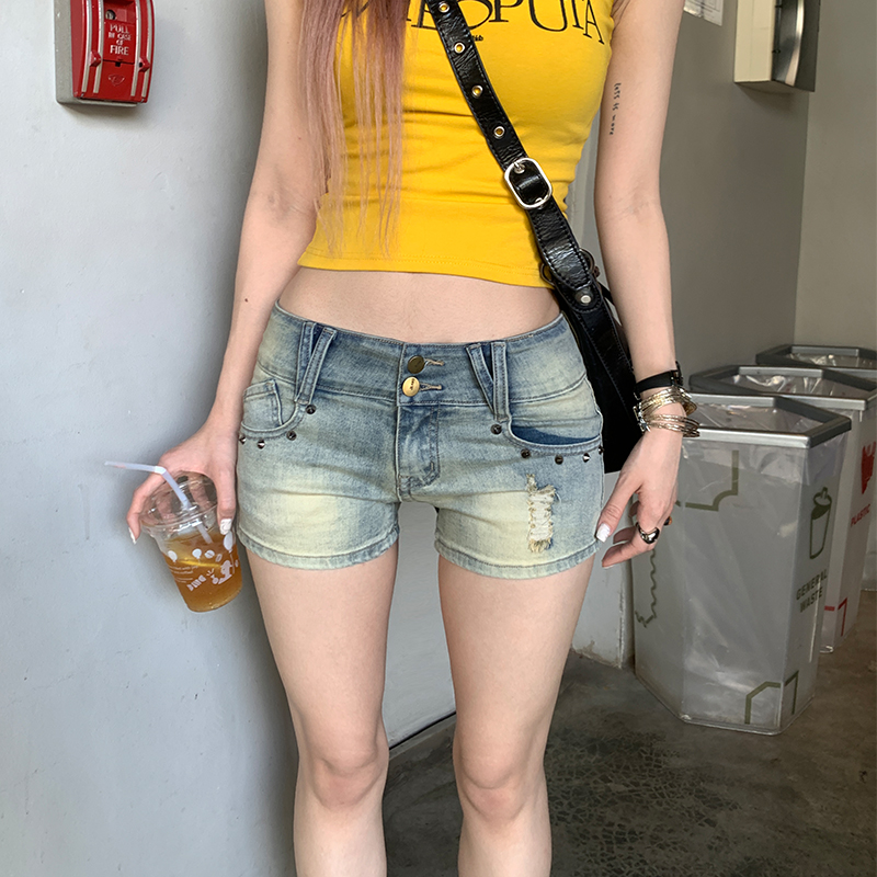 實拍bsfcore甜辣朋克鉚釘曲線諾基亞時代奈藍色 彈力舒適牛仔短褲
