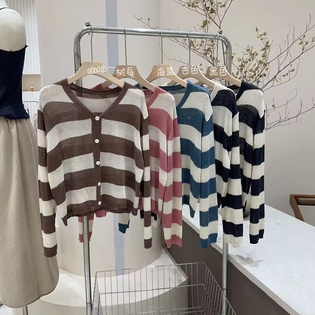 Actual shot of striped V-neck ice silk sunscreen cardigan jacket for women with thin shawl and air-conditioning blouse loose top