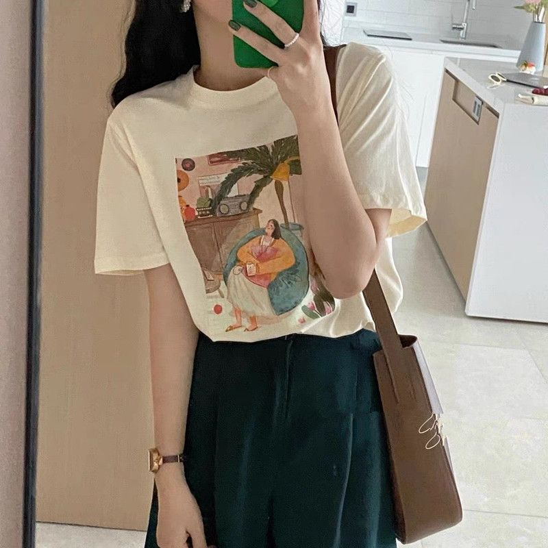 圓領短袖t恤女奶油色網紅夏新款寬鬆顯瘦百搭簡約上衣ins