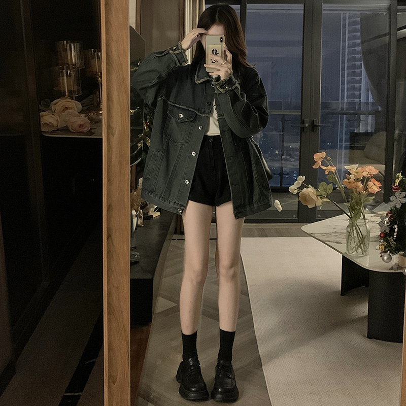 實拍！牛仔做舊水洗毛邊翻領牛仔外套女上衣秋春夾克