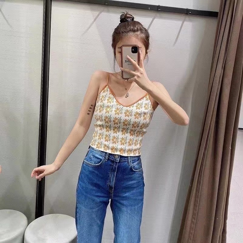 伍美麗同款法式甜美ins提花針織吊帶小背心修身顯瘦短款上衣