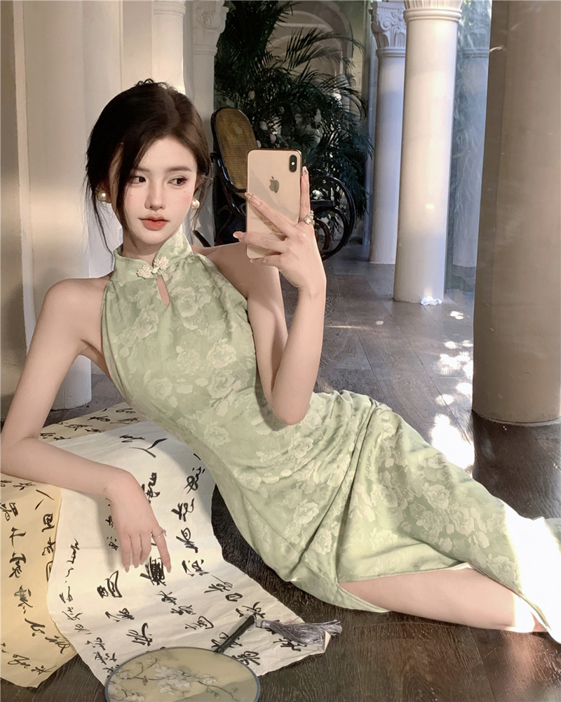 實拍復古新中式收腰掛脖無袖開叉顯瘦連衣裙包臀旗袍裙女