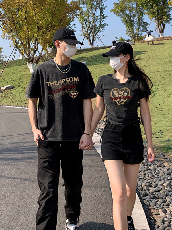 一長一短春夏季美式復古水洗情侶裝套衣服高級感網紅小眾短袖t恤