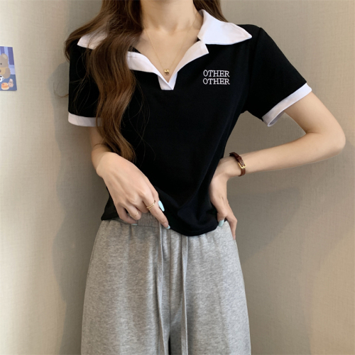 实拍 夏季韩版复古正肩polo领设计感短袖女上衣T恤