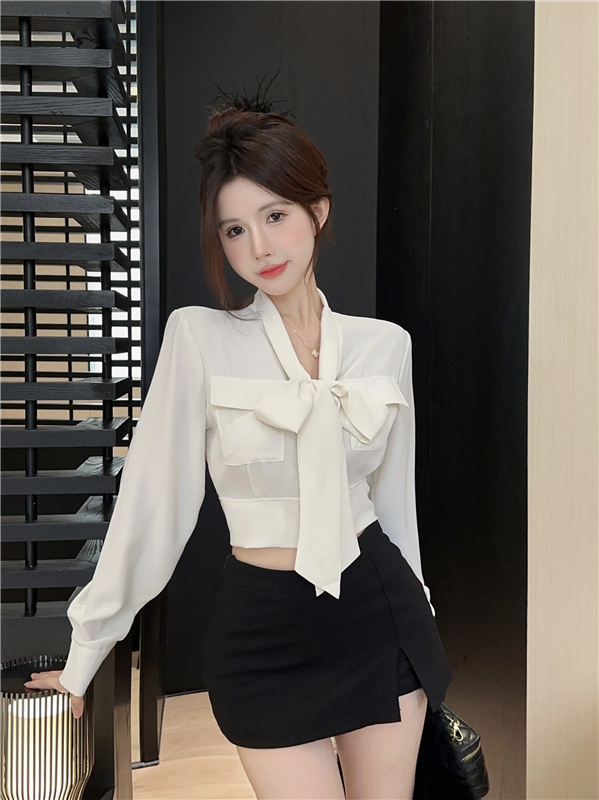 實拍  春季新款蝴蝶結夏季新款女短款長袖襯衫