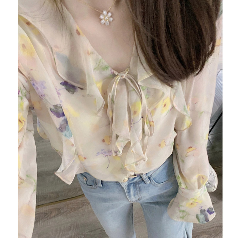 防曬碎花襯衫女夏法式小眾高級感氣質小個子襯衣薄款長袖雪紡上衣