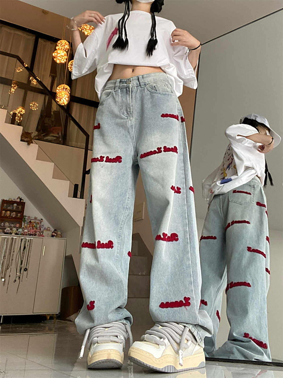 Actual shot ~ jeans red English embroidery embroidery casual straight high waist slim pants ins