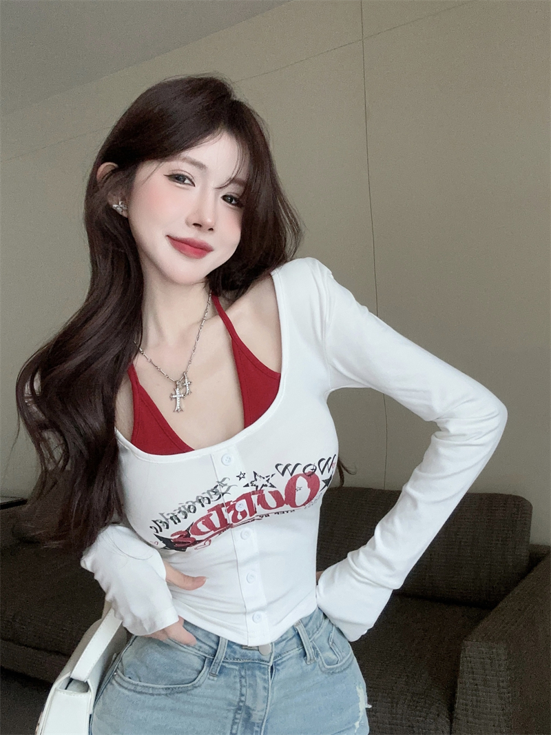 實拍 春季美式辣妹假兩件字母印花長袖掛脖t恤露臍上衣