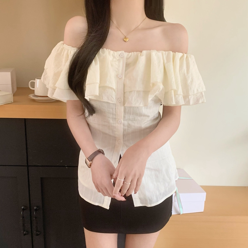 實拍法式荷葉邊一字肩襯衫女夏季收腰顯瘦掐腰小眾設計感露肩上衣