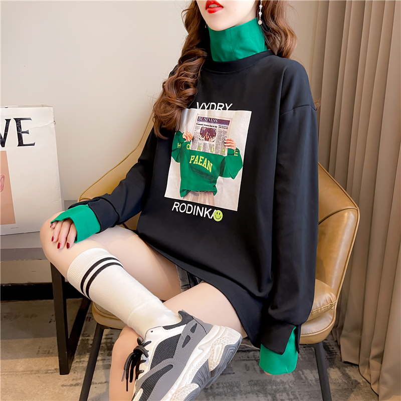 Real shot 2024 spring Korean style loose double-sided German velvet round neck warm splicing long-sleeved bottoming shirt T-shirt for women