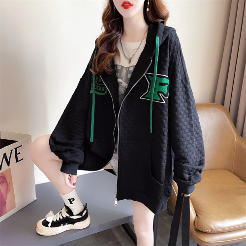 Actual shot 2024 spring Korean style loose waffle double hood letter embroidered large size thin jacket for women