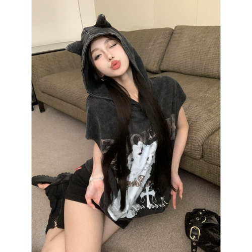 Official photo 6535 Washed Cotton Retro Cat Sleeveless Hooded Vest Top Women Summer Korean Version