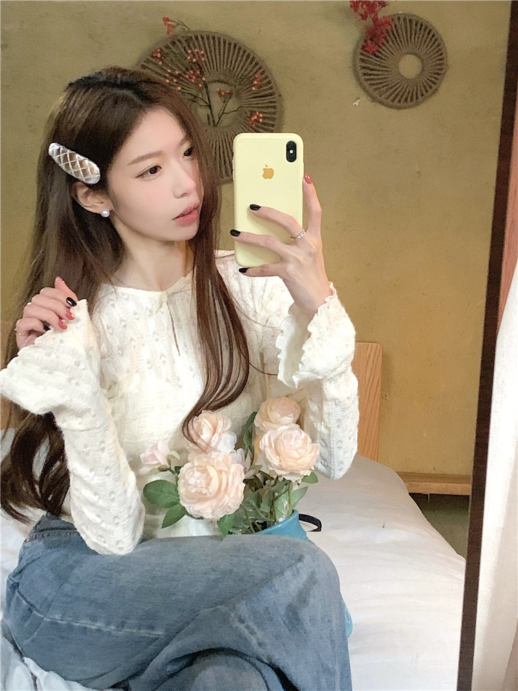 實拍~新款顯瘦長袖百搭外穿奶杏色蕾絲T恤女