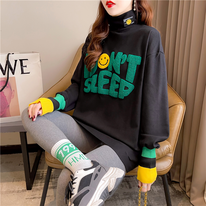 Real shot 2024 spring Korean style loose double-sided German velvet round neck warm splicing long-sleeved bottoming shirt T-shirt for women