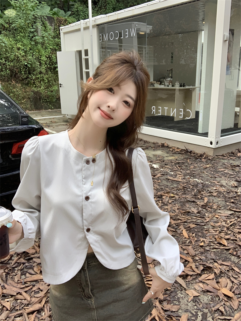 Actual shot of spring new Korean design niche round neck fashionable versatile slim long-sleeved shirt top