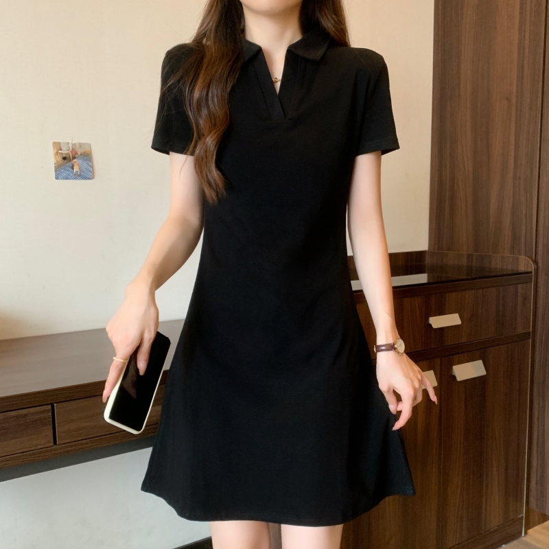 實拍2024夏季40支純棉小黑裙修身polo領連衣裙女