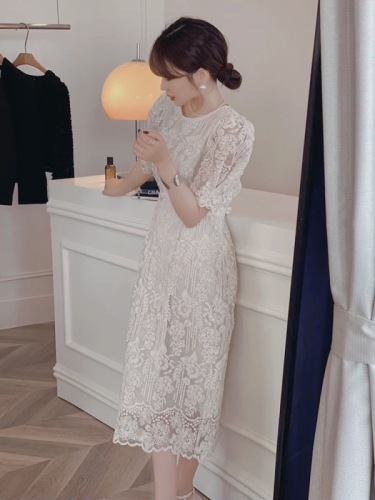 High-end heavy-duty embroidery white lace dress for women spring new style waist slimming French elegant long skirt