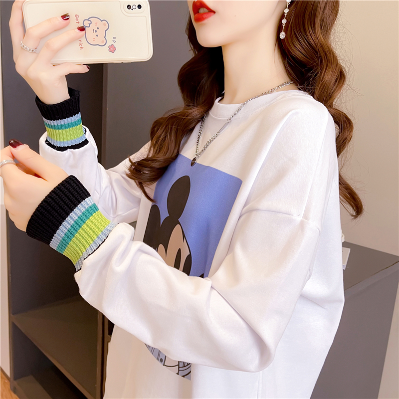 Real shot 2024 spring loose double-sided German velvet round neck warm splicing long-sleeved bottoming shirt T-shirt for women