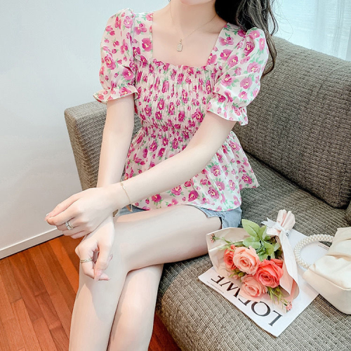 Original workmanship short-sleeved chiffon shirt for women summer 2024 new sweet waist French puff sleeve floral top