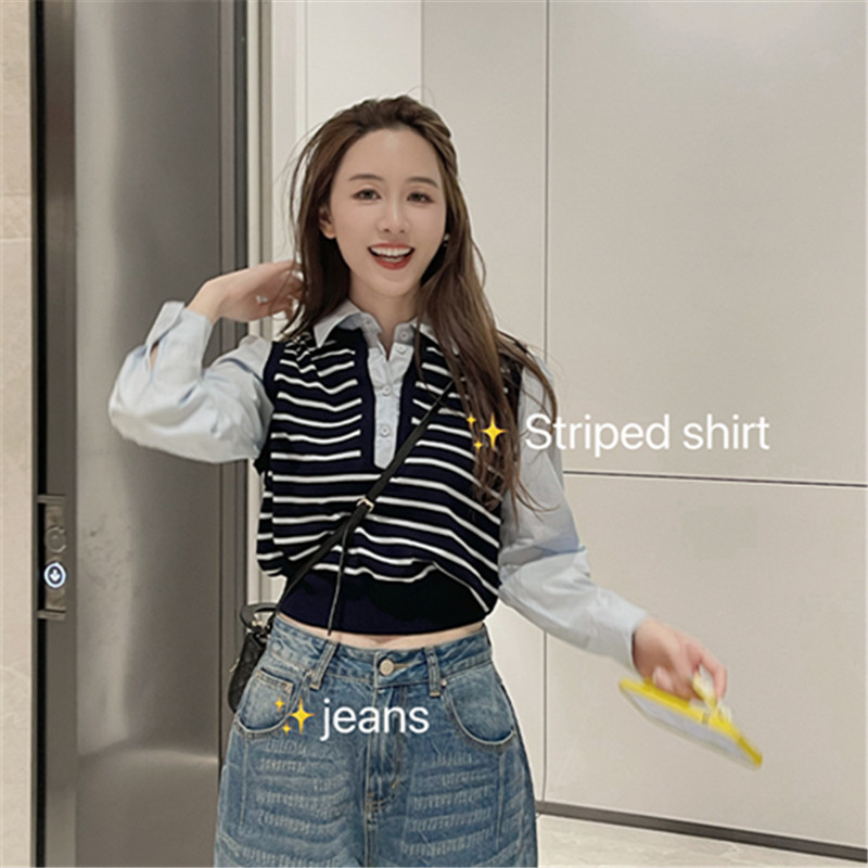 Fake two-piece spliced ​​Polo collar shirt women's 2024 autumn new design short striped sweater top