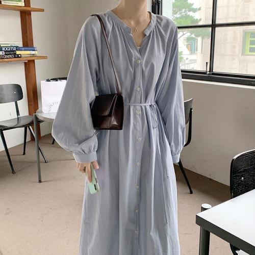Korean chic spring versatile simple lantern sleeve long single-breasted lace-up waist slimming long-sleeved dress for women