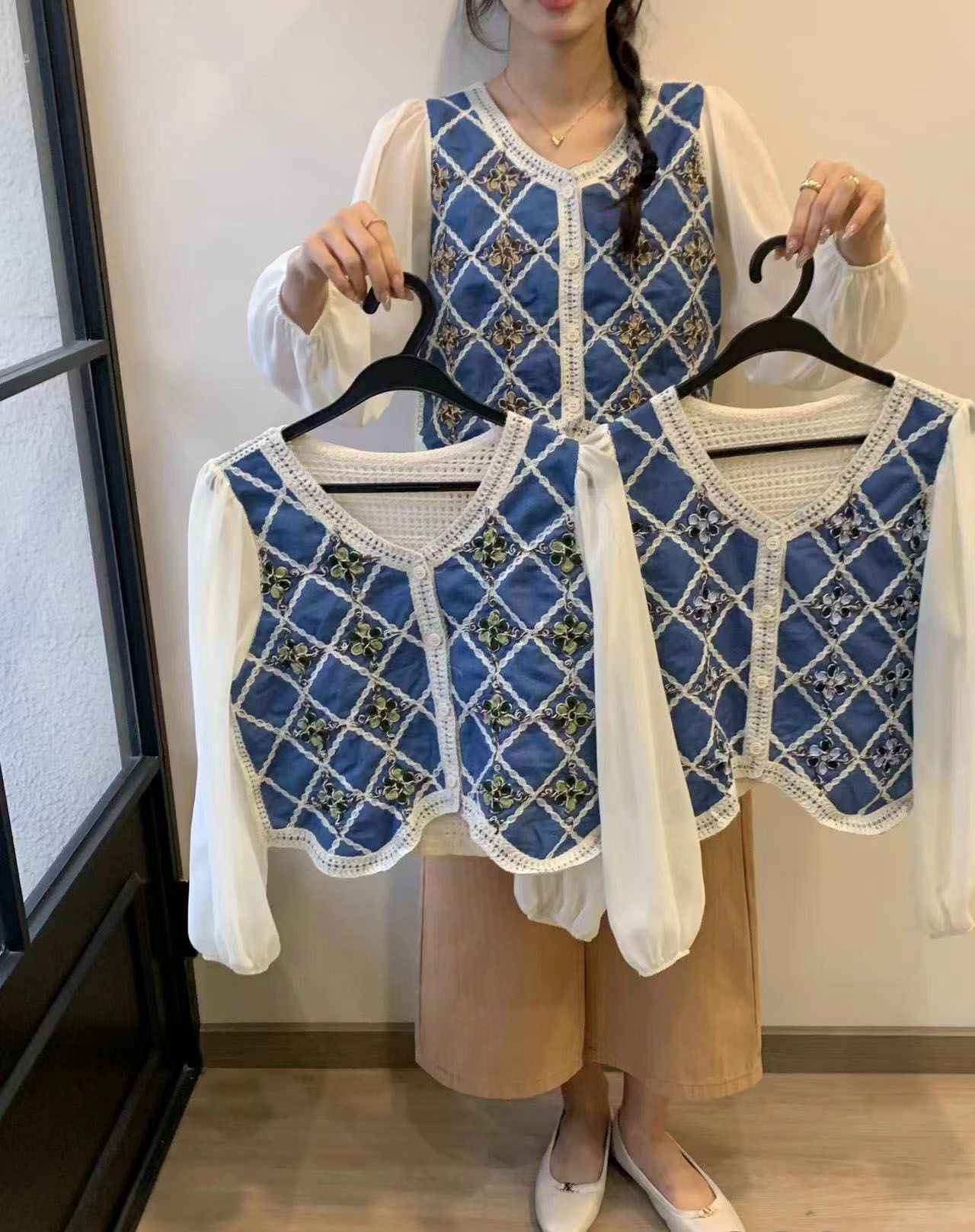 碎花鏤空針織拼接雪紡上衣女秋季新款設計感襯衣韓系長袖V領襯衫