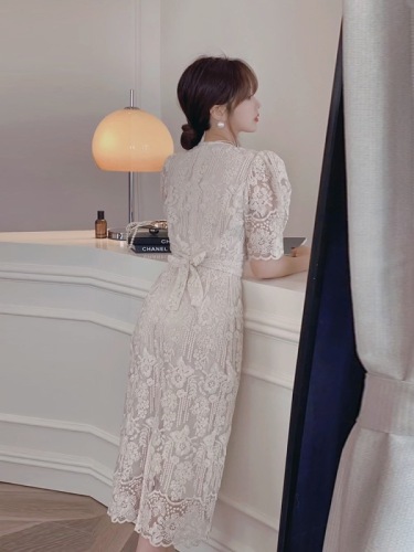 High-end heavy-duty embroidery white lace dress for women spring new style waist slimming French elegant long skirt