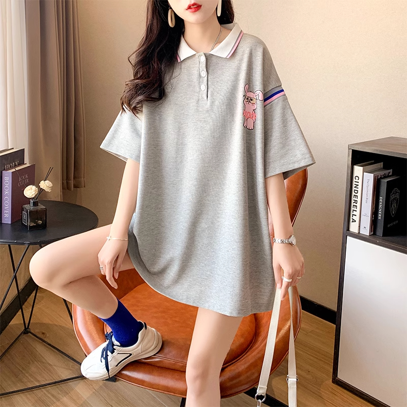 實拍2024夏季韓版大碼中長款polo衫拼色短袖t恤女