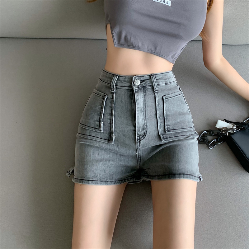 實拍 彈牛開叉仔短褲女夏高腰顯瘦修身百搭超火熱褲潮