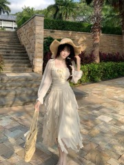 Blovelan moonlight waning temperament romantic fairy solid color irregular ruffled square collar chiffon dress