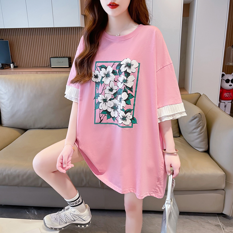 實拍2024夏季韓版200克純棉大碼中長款印花拼接短袖t恤女