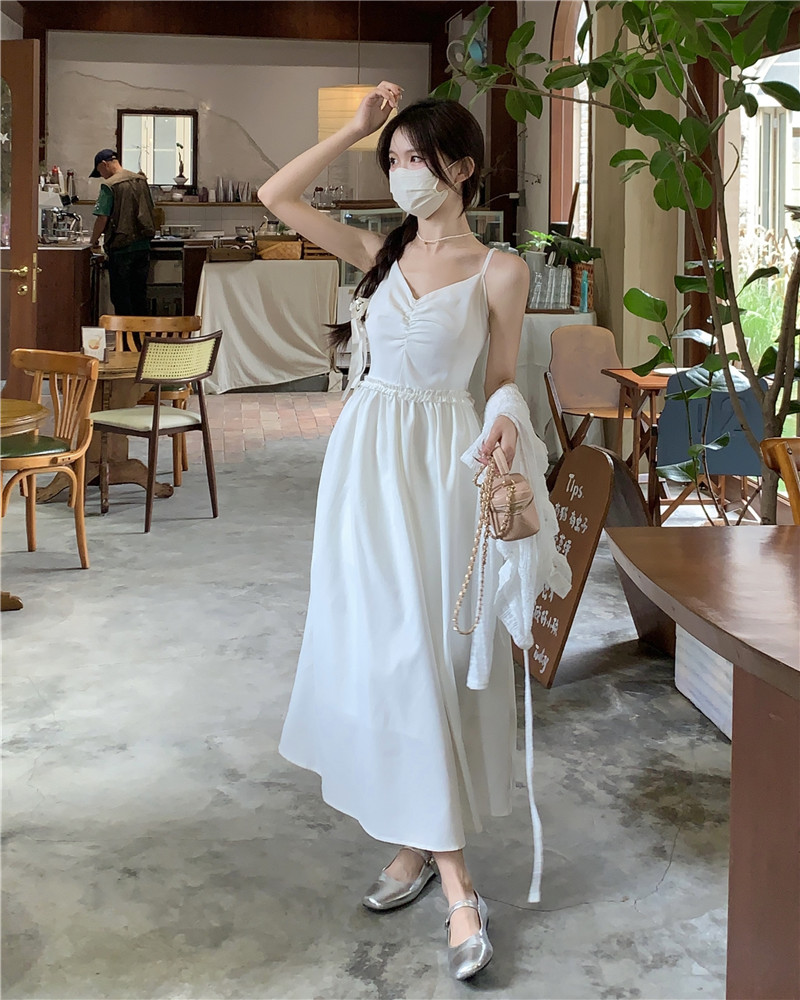 松本喪喪新款夏芭蕾春日風鈴白色連衣裙女百搭打攬高腰顯瘦吊帶裙