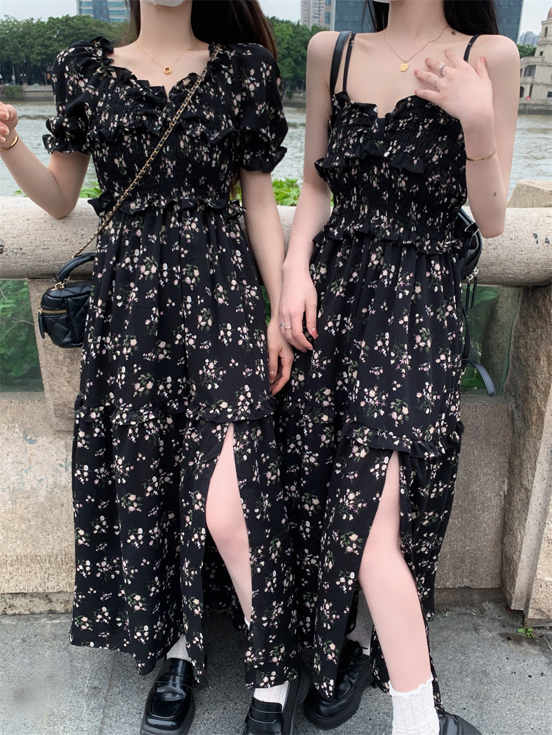黑色碎花開叉吊帶連衣裙女仙女法式復古小個子過膝高腰長裙子超仙